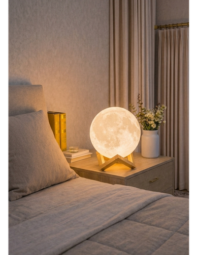 LunaGlow 3D Moon Lamp with Wooden Stand – Warm LED Night Light | Aesthetic Home Decor