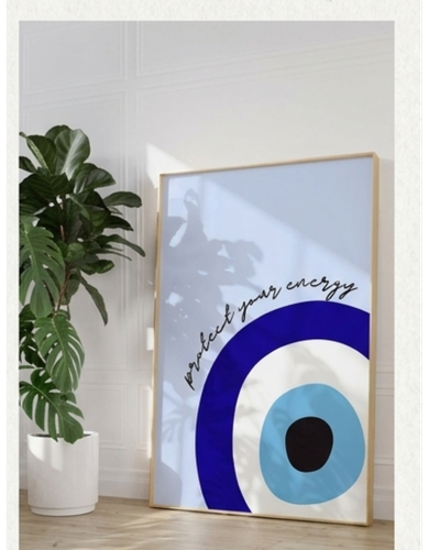 Evil Eye Wall Art Frame – “Protect Your Energy” Minimalist Blue Aesthetic Decor