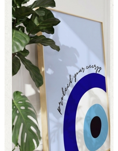 Evil Eye Wall Art Frame – “Protect Your Energy” Minimalist Blue Aesthetic Decor
