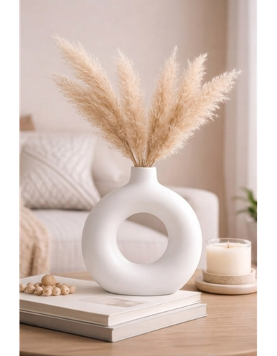 Matte White Ceramic Donut Vase with Champagne Pampas Grass — Boho Minimalist Home Décor
