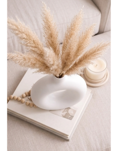 Matte White Ceramic Donut Vase with Champagne Pampas Grass — Boho Minimalist Home Décor