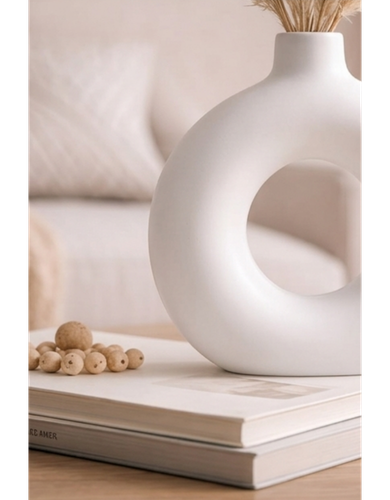 Matte White Ceramic Donut Vase with Champagne Pampas Grass — Boho Minimalist Home Décor