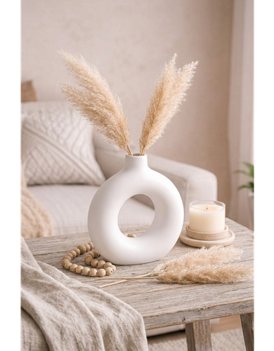 Matte White Ceramic Donut Vase with Champagne Pampas Grass — Boho Minimalist Home Décor
