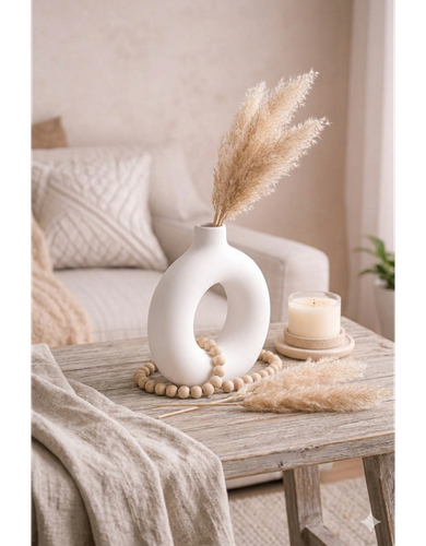 Matte White Ceramic Donut Vase with Champagne Pampas Grass — Boho Minimalist Home Décor